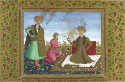 شکل 2: نقاشی «شاه‌سلیمان با نجیب‌زاده و مرد جوان»، به امضای غلام‌زادۀ قدیم علیقلی جبادار. حدود 1670-1666. 28.6 در 22.9 سانتی‌متر. آبرنگ مات، طلا و نقره بر کاغذ. IOM RAS, E-14, fol. 99a.